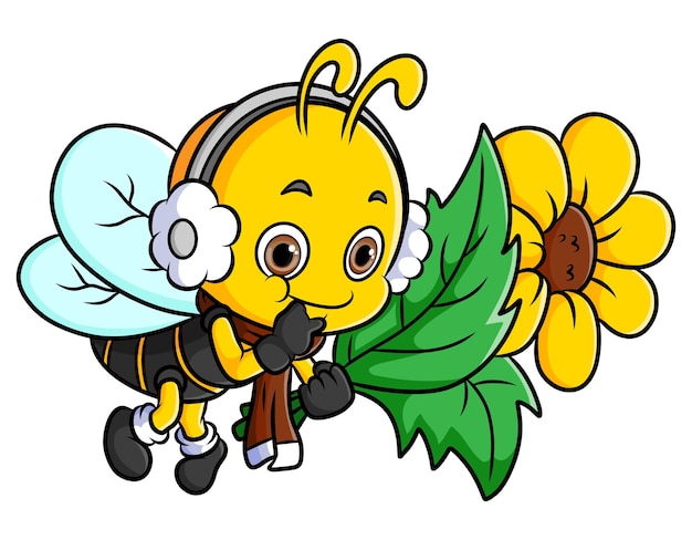 かわいい蜂が飛んでいて、イラストのひまわりを持っています