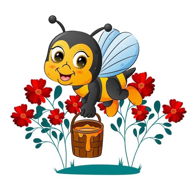 かわいい蜂が蜂蜜のバケツを持っているイラスト プレミアムベクター