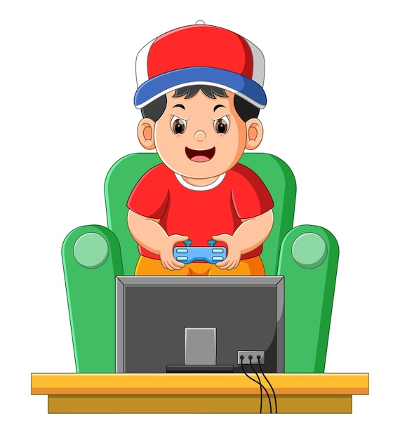 かわいい男の子は、プレイ ステーションでゲームをプレイし、ジョイスティックで制御します。