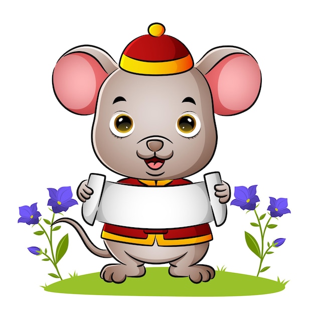 귀여운 중국 쥐가 삽화의 빈 배너를 들고 있다