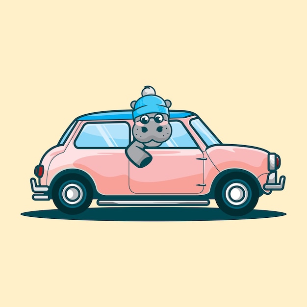 ベクトル かわいいカバ運転クーパー漫画ベクトルイラスト