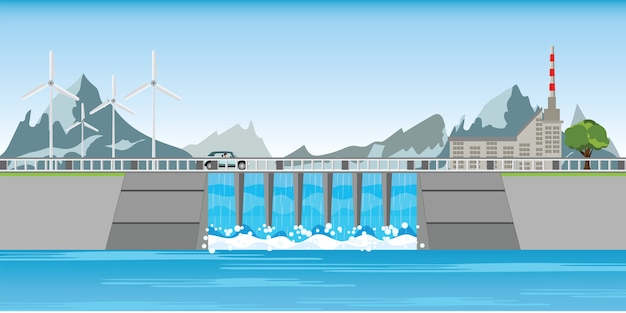 ベクトル 山間のダムと風車。