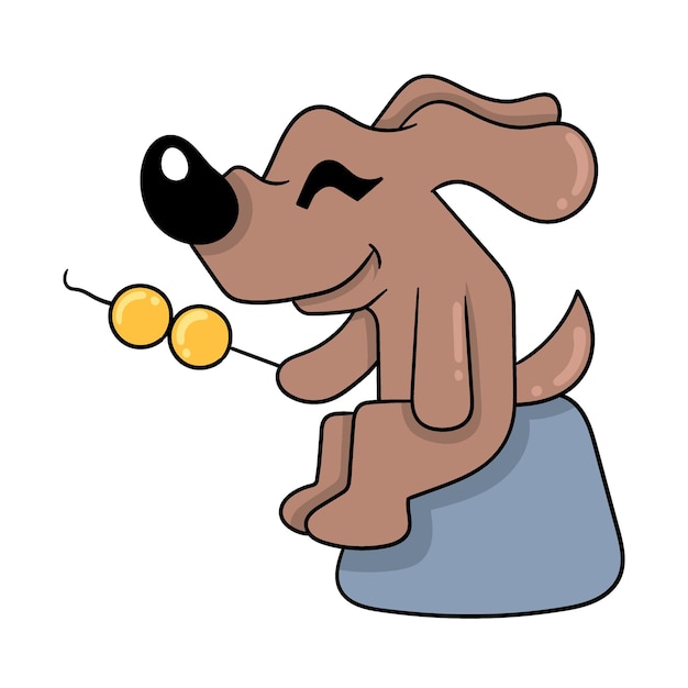 벡터 개는 음식 낙서 아이콘 이미지 카와이를 즐기는 바위에 앉아 있습니다.