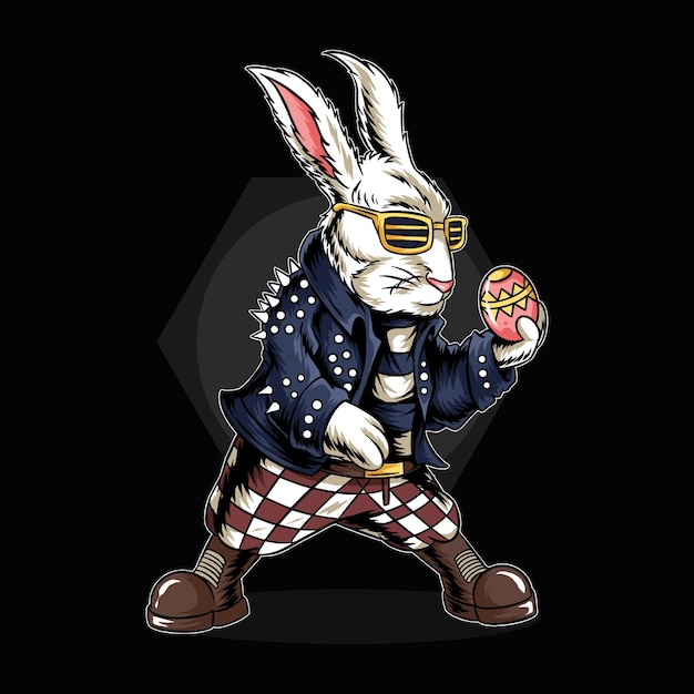 계란을 들고있는 부활절 토끼와 그는 로커 재킷을 입고있다