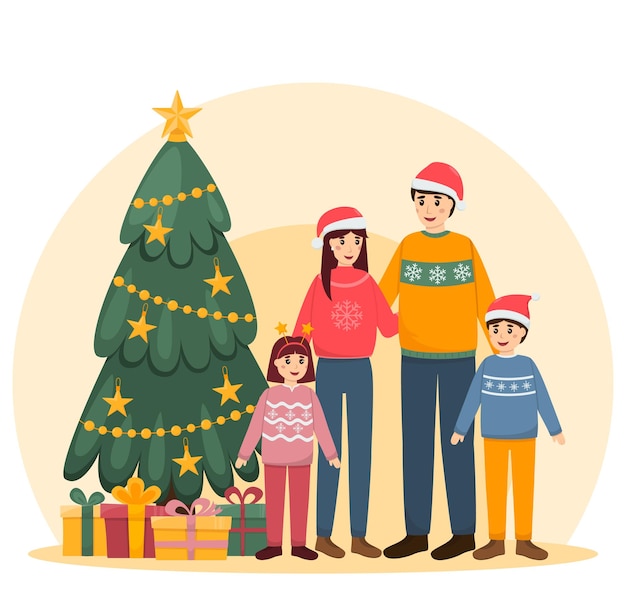 ベクトル 家族は贈り物を持ってクリスマス ツリーの前に立っています。ママ、パパ、息子、娘。新年