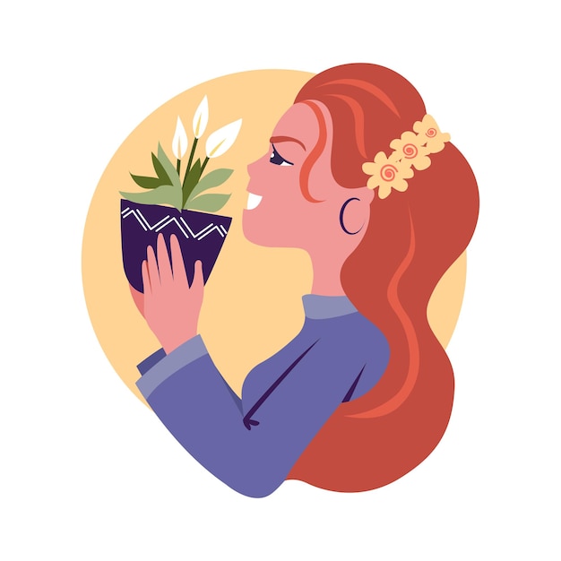식물 냄비를 들고 있는 소녀 집 꽃 평화 백합 휴일 디자인을 위한 행복한 여자