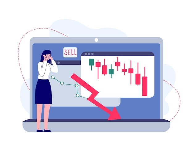 Вектор Девушка плачет из-за финансовых потерь падение цен на акции и фиксирование убытка