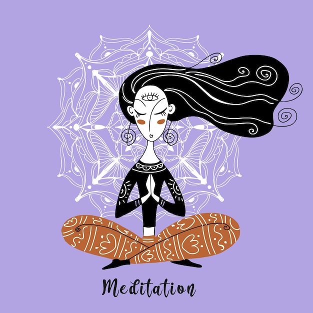 Девушка медитирует йога медитация йога позы намасте на фоне вектора мандалы