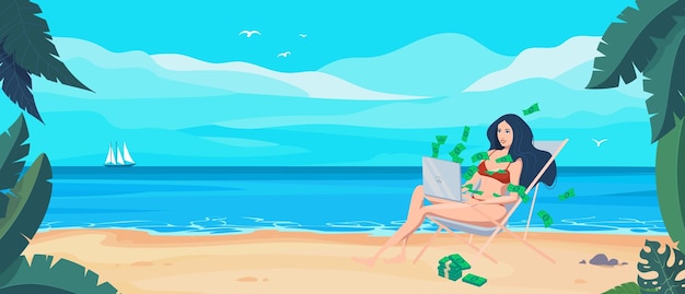 Девушка отдыхает на пляже в нее летят банкноты с ноутбука работа и путешествия