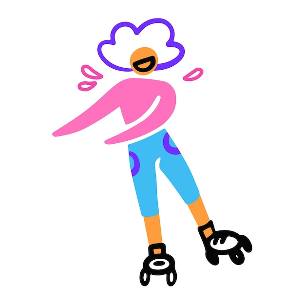 그 소녀는 롤러블레이드를 하고 있습니다. 롤러 스케이트. 낙서 스타일의 벡터 만화 평면 그림입니다. 십대