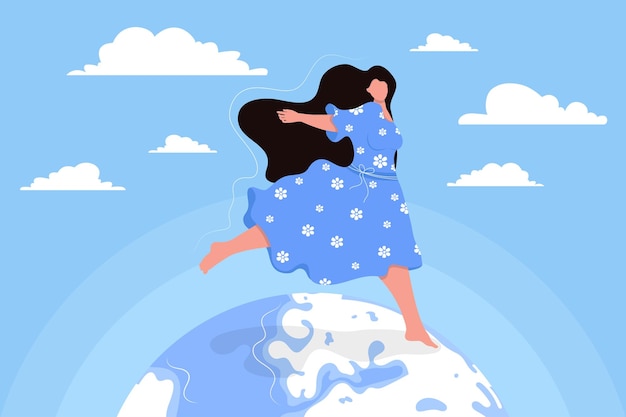 Девушка бегает по планете, несет мир. векторная иллюстрация