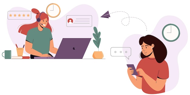 ベクトル 女の子はサポートサービスに目を向けますカスタマーサービスのコンセプトお問い合わせオンラインヘルプライン