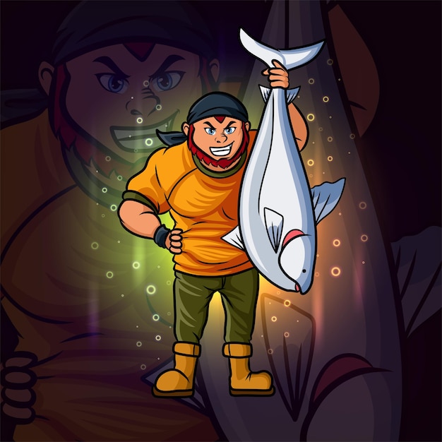 Хороший рыбак с большой рыбой киберспорт дизайн логотипа иллюстрации