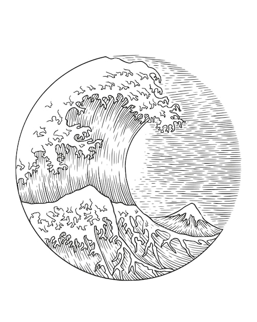 Вектор Великая волна канагава в векторной иллюстрации стиля гравировки