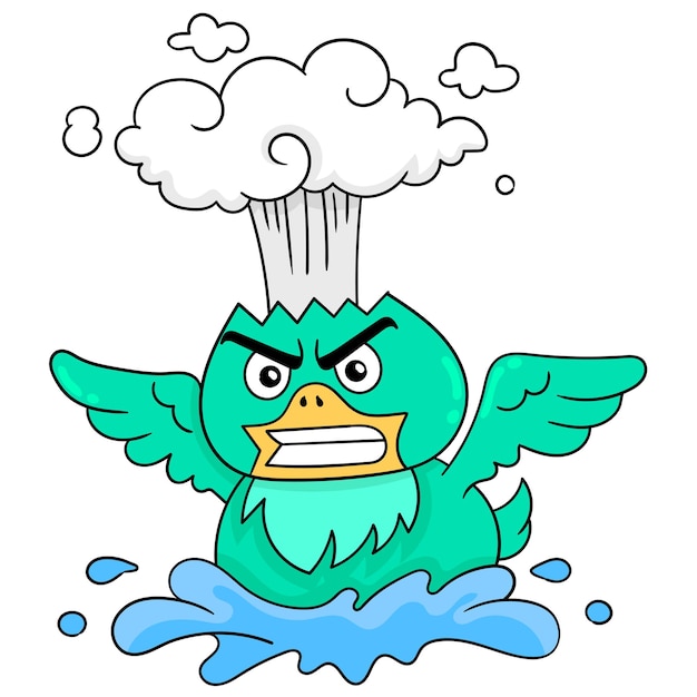 У зеленой птицы было сердитое лицо, горячая голова взорвалась, векторная иллюстрация. каракули изображение значка каваи.
