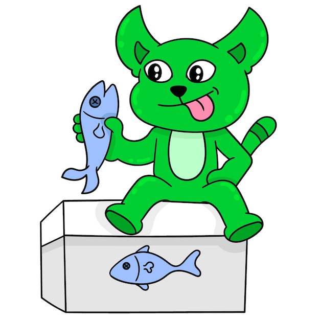 벡터 녹색 고양이는 물고기 상자에 앉아 그것을 먹고 싶어합니다. 벡터 일러스트레이션입니다. 낙서 아이콘 이미지 귀엽다.