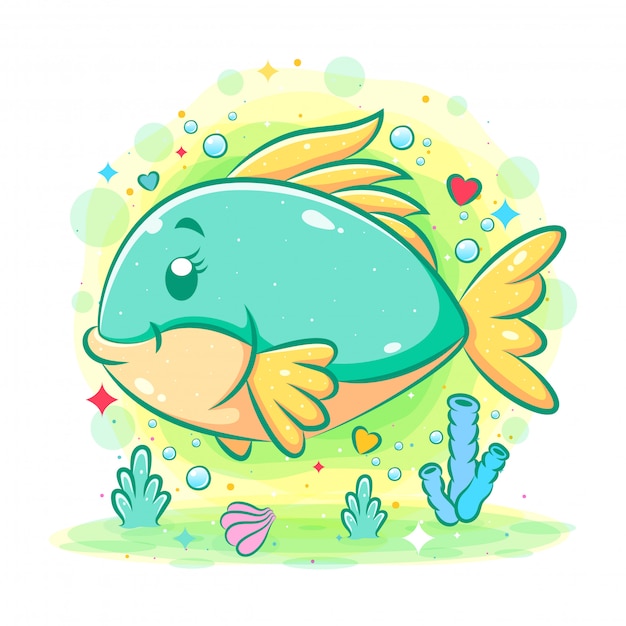 イラストの海の下を緑のかわいい魚が泳ぐ