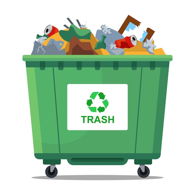 Зеленая корзина для мусора полна мусора. плоские векторные иллюстрации