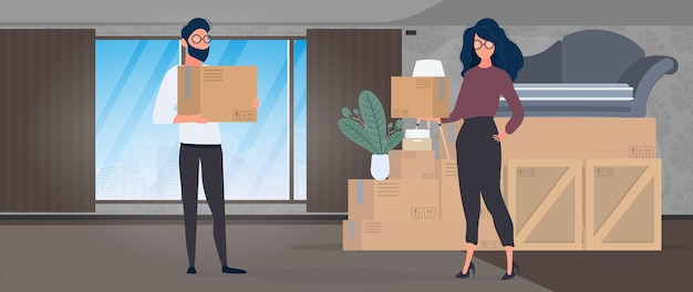 Парень и девушка держат в руках бумажные коробки. большие ящики, диван. концепция переезда, смены жилья, покупки квартиры или переезда офиса. вектор.