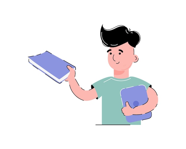 남자는 그의 손에 책과 노트북을 들고 흰색 배경 유행 플랫 벡터 스타일에 격리 학습의 개념