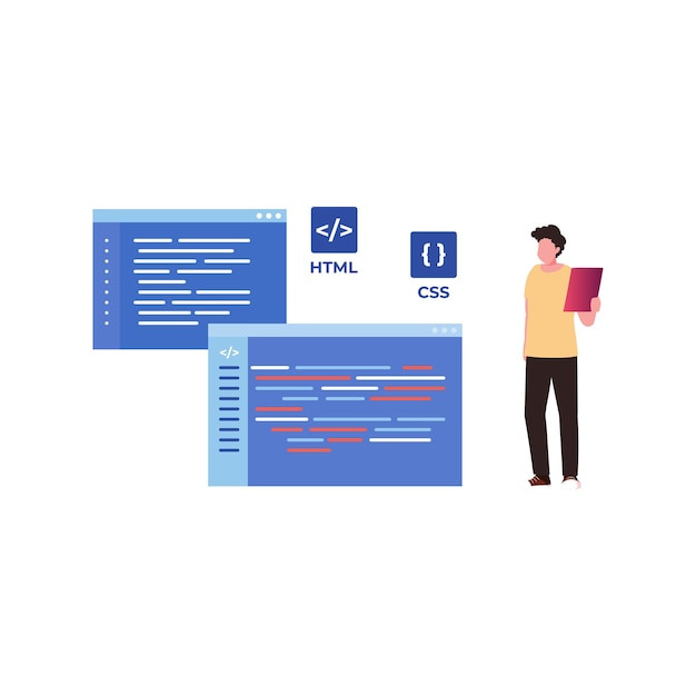 Вектор Парень кодирует html и css