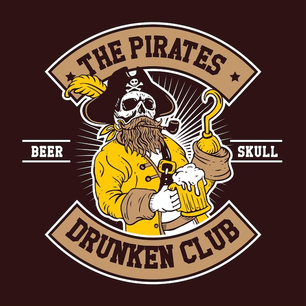 Вектор Нарисованные от руки пираты, пиво, пьяный клуб, эмблема, векторный стиль дизайна