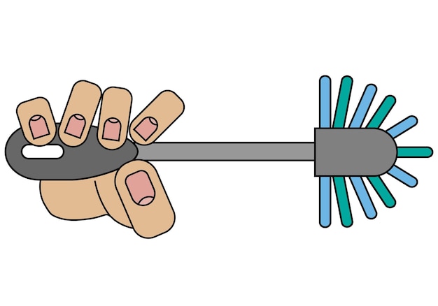 벡터 손에는 벡터 그래픽의 만화 스타일로 흰색 배경에 격리된 변기 브러시가 있습니다.