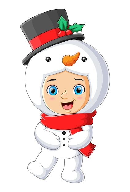 Счастливый мальчик носит костюм снеговика и играет с ним