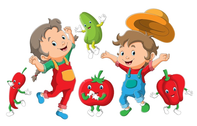 행복한 아이들이 삽화의 야채와 함께 춤을 추고 있습니다