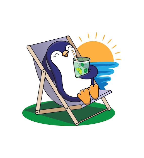 夏のデザインの動物のイラスト。ペンギンは太陽の近くのビーチで日光浴をし、カクテルを飲みます