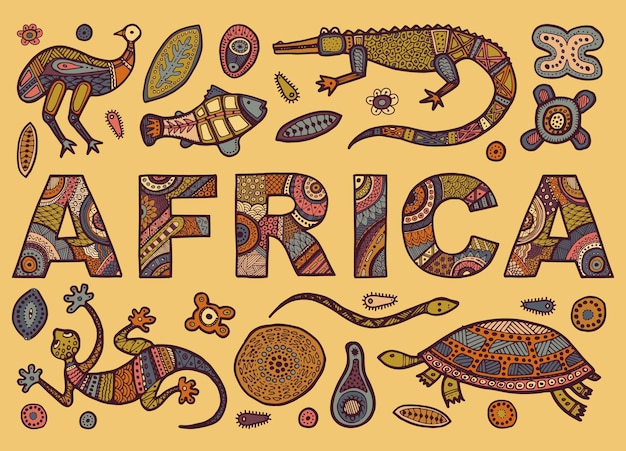 ベクトル エスニック スタイルのアフリカの碑文とアフリカの動物のスケッチ