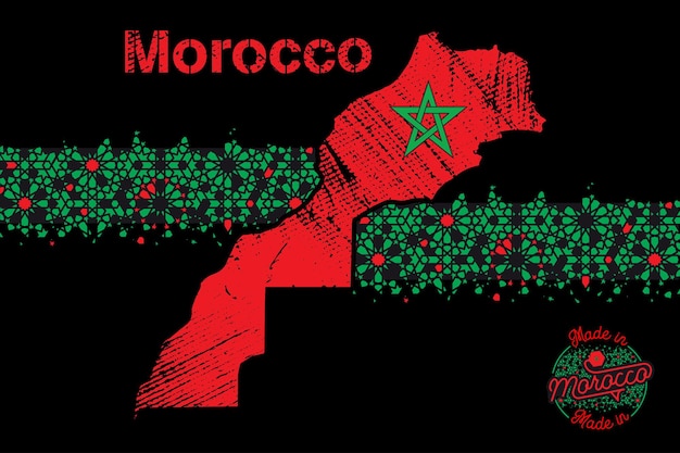 Карта королевства марокко с рисунком эффекта дезинтеграции на основе геометрической исламской мозаики