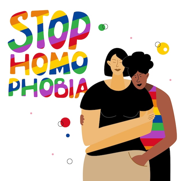 ベクトル lgbtq カップルの女の子女性とフレーズ虹レタリング stop homophobia お祝いプライド月間