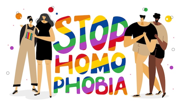 벡터 lgbtq 그룹 여성과 남성과 무지개 글자 stop homophobia 그들은 pride day lgbt를 축하합니다