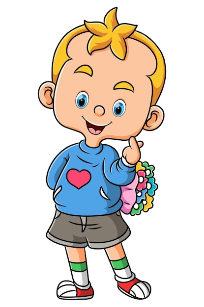 어린 소년이 발렌타인 데이를 축하하고 삽화의 꽃을 가져오고 있습니다