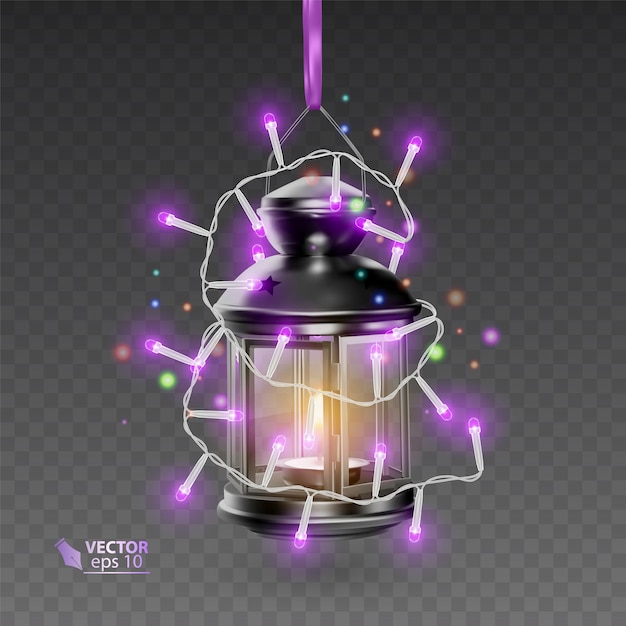 Вектор Волшебная лампа черного цвета, окруженная светящимися гирляндами, реалистичная лампа на прозрачном фоне, иллюстрация