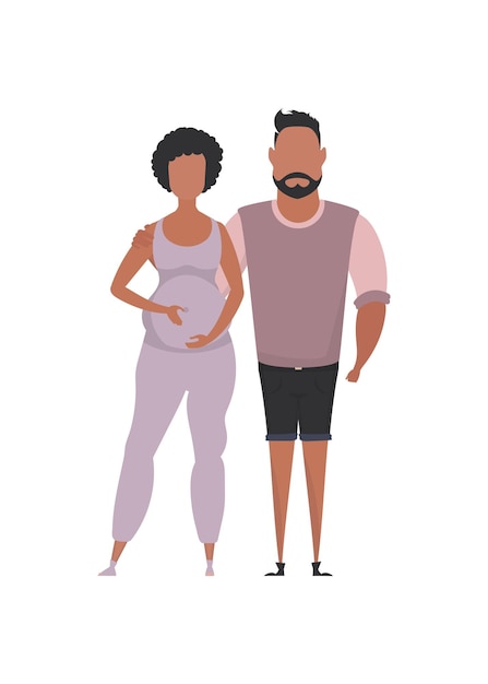 남자와 임신한 여자는 전체 성장 고립에 묘사되어 있습니다 행복 임신 개념 만화 스타일의 벡터