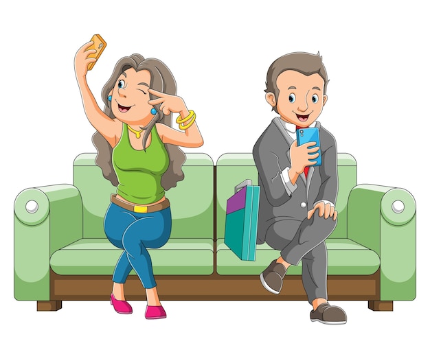 Мужчина и женщина играют в мобильный телефон иллюстрации