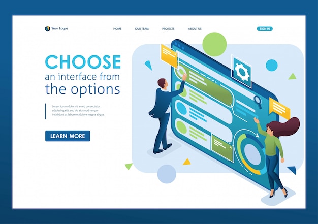 男性はオプションからインターフェイスを選択し、ユーザーインターフェイスをカスタマイズします。 3dアイソメトリック。リンク先ページの概念とwebデザイン