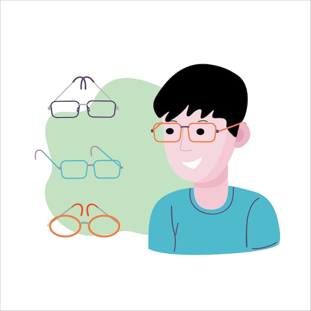 ベクトル 光学サロンの男男は幸せな表情でメガネの選択を熟考します彼の視力を向上させるために彼の顔にメガネの選択コレクション
