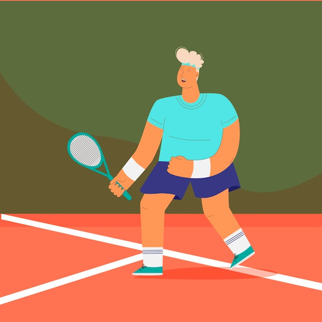 男はテニスをします。コンセプトイラストを行使するスポーツマン。トレーニング、テニス、ラケットを持ったテニスプレーヤー。フラットスタイルのベクトル。