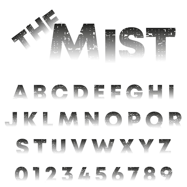 The mist-alfabetsjabloon letters en cijfers met grungetextuur vectorillustratie