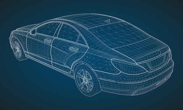 Модель щеголяет седаном премиум-класса. векторная иллюстрация в виде белой многоугольной треугольной сетки на синем фоне.