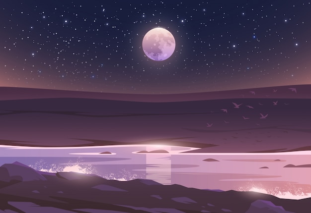Вектор Луна над долиной и рекой. невероятный пейзаж. иллюстрации. захватывающий вид. жизнь прекрасна.