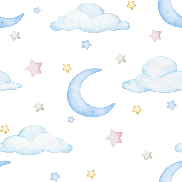 Вектор Луна, облака, звезды, акварель, бесшовный рисунок на изолированном фоне.