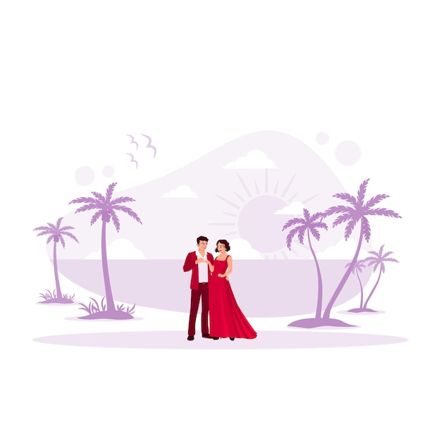 ベクトル 新婚夫婦は海岸沖で新婚旅行を楽しんでいます愛の新婚旅行のコンセプト