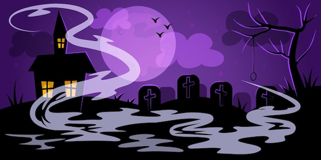 Ночной пейзаж кладбища на хеллоуин в пурпурном цвете грозное дерево виселицы коряво дом