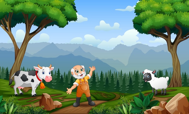 Старый фермер, пасущий скот и овец в поле