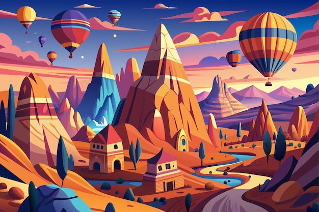 Вектор the otherworldly landscapes of cappadocia in turkey with its fairy chimneys ancient caves and hot air balloon rides