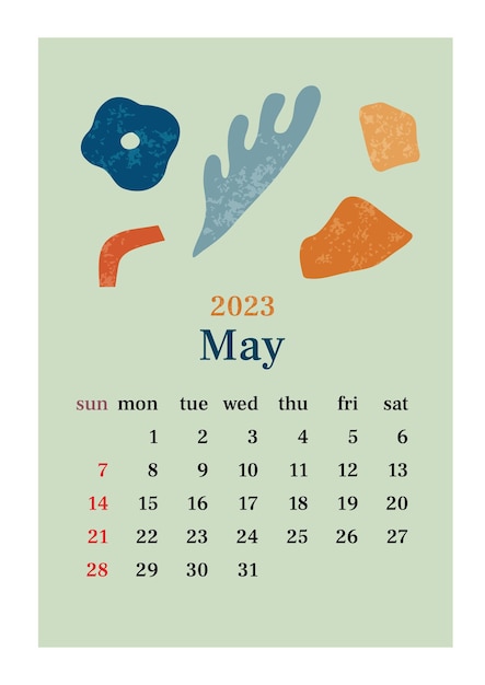 ベクトル 2023 年 5 月の月のページで、落ち着いたトーンの抽象的な有機的な形をしています。温かみのある色調の美的スタイルの垂直ポスター ベクトル イラスト デザイン